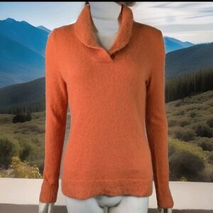 Pumpkin Spice Orange Angora Wool Sweater M British Designer V Neck with Collar